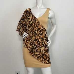 Bebe Tan Bohemian Asymmetrical Flutter Sleeve Animal Print Mobwife Mini Dress S
